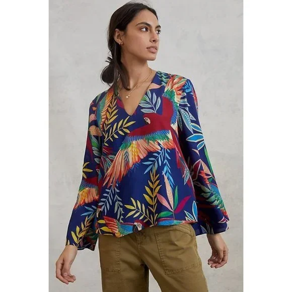 Anthropologie Farm Rio Kaia Tropical Bird Blouse Size XS NWT Bell Sleeves - Picture 2 of 7